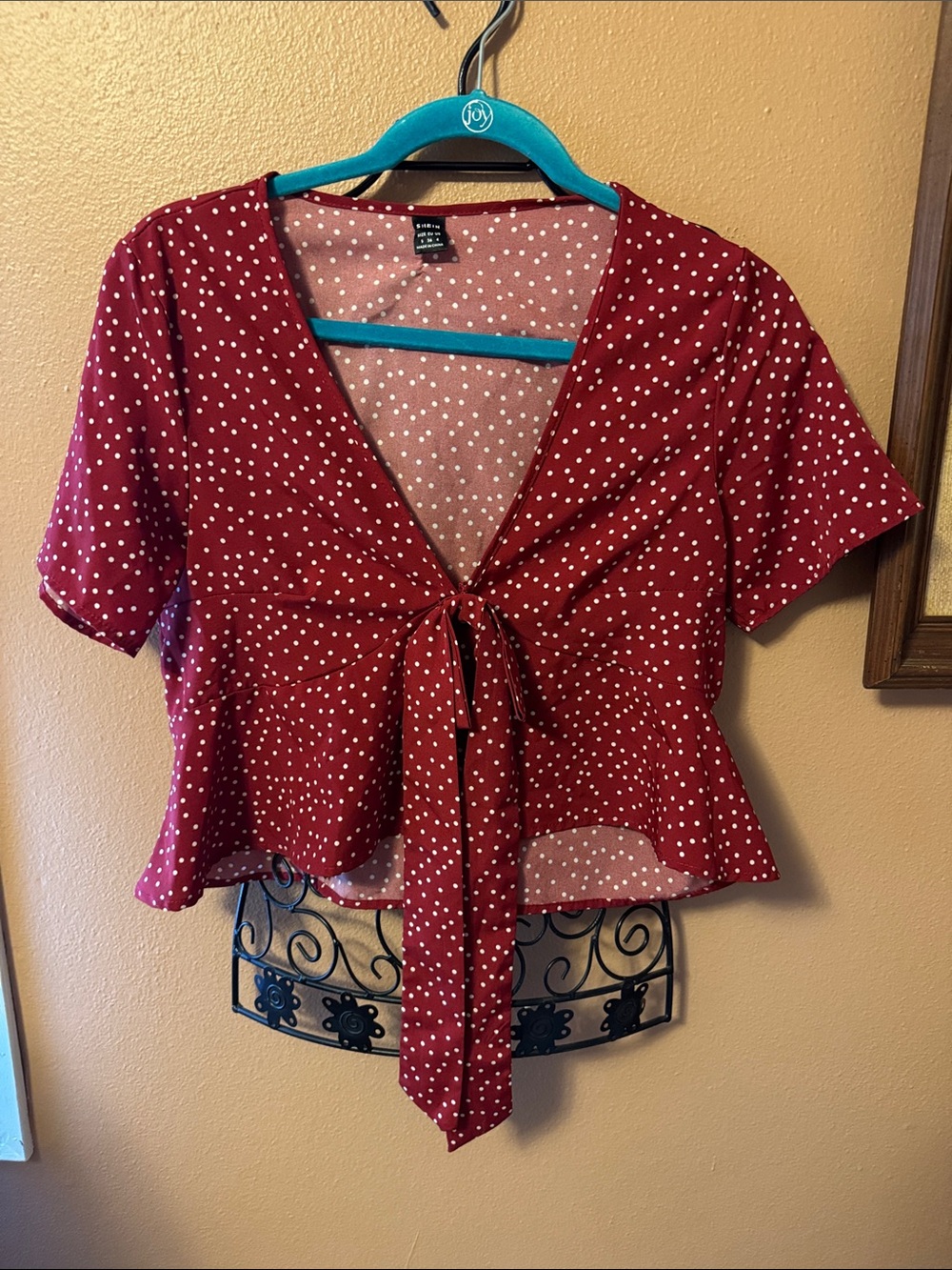 SHEIN Red Polka Dot Tie-Front Peplum Top